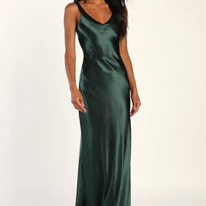 Lulus Perfectly Classy Emerald Green Satin Strappy Maxi Dress - Size M